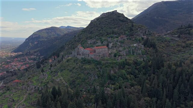 Uphill tow and castle of Mystras, Sparta, Peloponnese, Greece.