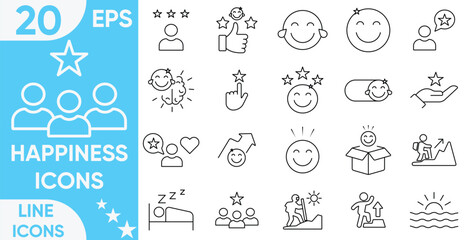 Happiness Line Icon Set.sleep, culture, health, diet, happiness, mindset, optimism,  sadness, hope, love, ambiguity and more.vector and illustrator set.