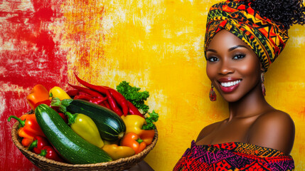 Woman holding colorful vegetables in a vibrant environment with a traditional headwrap