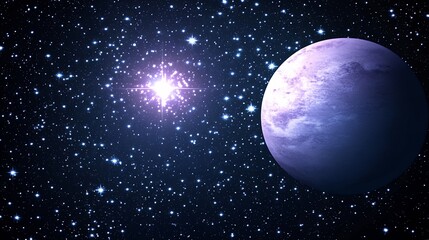 Majestic Purple Planet and Glowing Star in a Dark Starry Universe Beautiful Cosmic Background