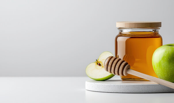 Fresh apple slices and honey jar with dipper on a minimalist white background showcasing natural sweetness and healthy ingredients for recipes