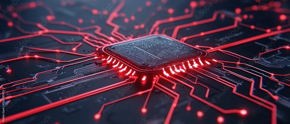 Poster close-up of a computer microchip with glowing red circuitry
