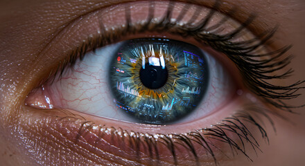 Closeup of a human eye reflecting vibrant data graphs and charts showing financial information technology business analytics on transparent background