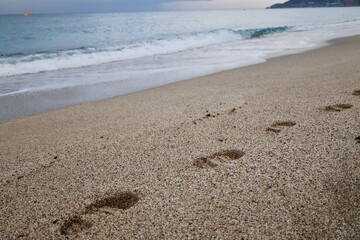 Footprints sandy beach. High quality photo