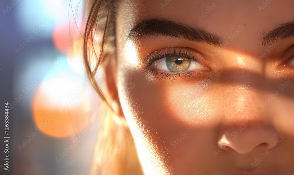 Poster a captivating close-up portrait emphasizing the intricate details of the eyes and skin, bathed in so