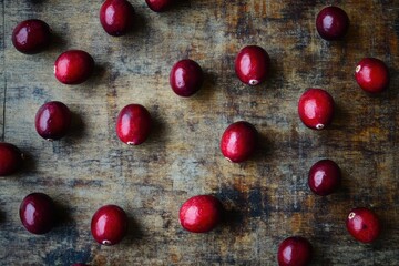 Overhead view of fresh cranberries scattered on a rustic wooden surface, showcasing their vibrant red color and natural texture, perfect for festive holiday themes.