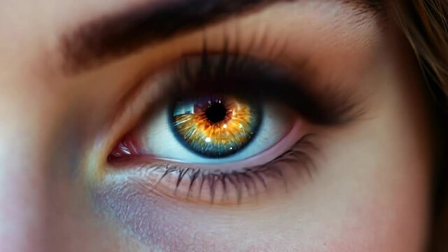 Extreme close-up of a human eye with a vibrant, fiery iris and intricate details of the pupil and eyelashes. Concept of vision, perception, and human uniqueness