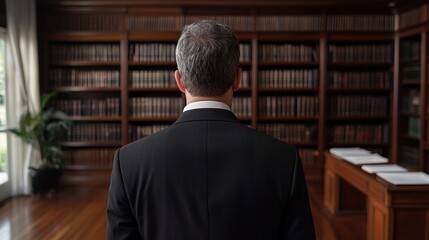 Sophisticated law library scene featuring wooden shelves elegant atmosphere captivating viewpoint