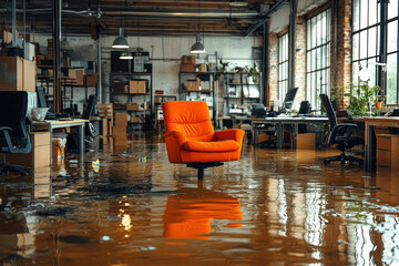 A chaotic interior scene of an office flooded with water