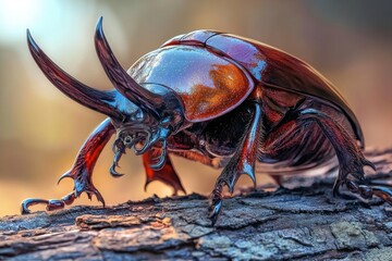 Captivating close-up image revealing the iridescent exoskeleton of a rhinoceros beetle with prominent horns, poised on textured bark against a soft, diffused background light. © whitestorm