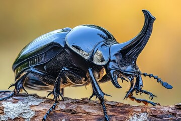 Detailed macro shot of a magnificent male rhinoceros beetle, showcasing its iridescent exoskeleton and prominent horn, standing on rough bark against a blurred golden backdrop.