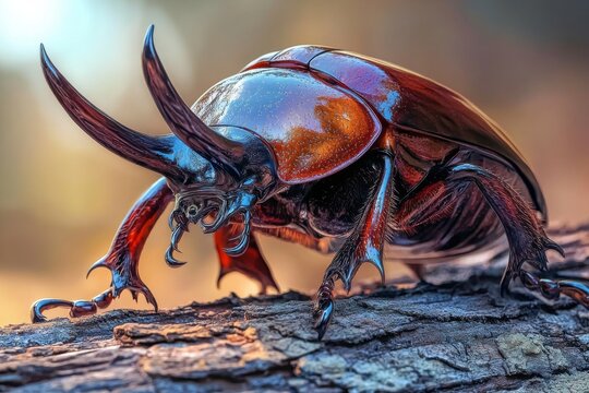 Captivating close-up image revealing the iridescent exoskeleton of a rhinoceros beetle with prominent horns, poised on textured bark against a soft, diffused background light.
