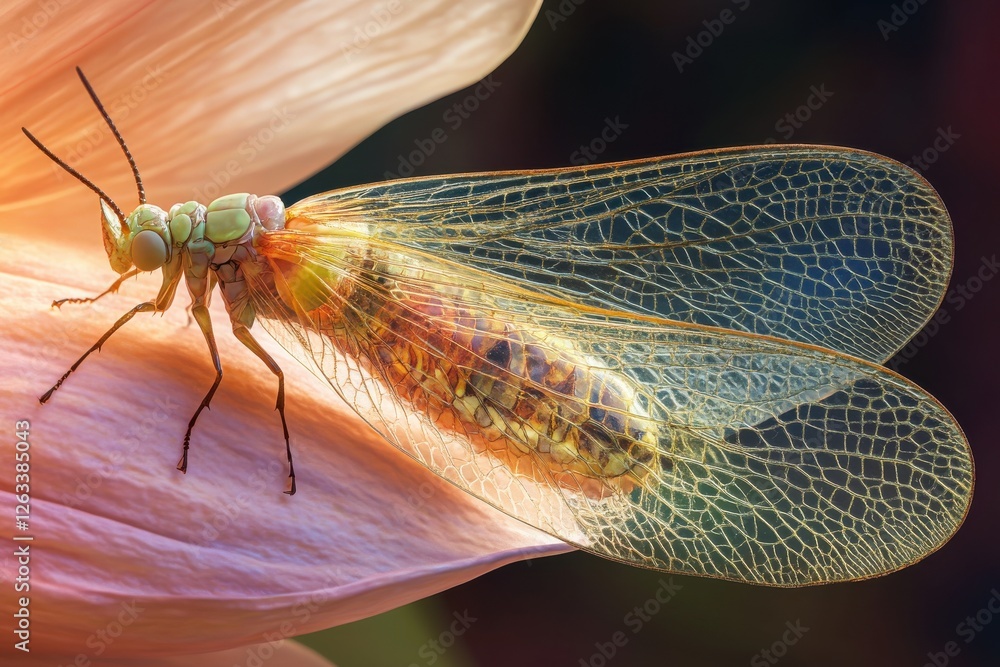 Poster a mesmerizing macro shot showcases a lacewing poised on a delicate flower petal, its intricate wing 