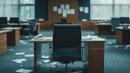 Desolate urban corporate office abandoned spaces with empty desks and chairs in gigapixel detail