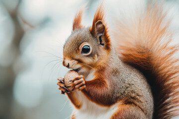 Fototapeta premium Red squirrel with a bushy tail, holding a nut on a white background, symbolizing playfulness