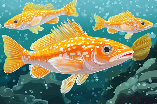A colorful illustration of rockling fish swimming in their habitat