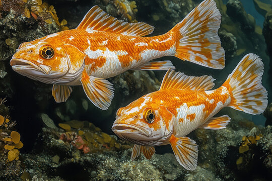 A colorful illustration of rockling fish swimming in their habitat