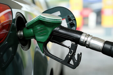 A detailed close-up of a gas nozzle at a fueling station