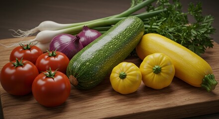 Fresh Vegetables on Wooden Board Still Life Zucchini Tomatoes Onions