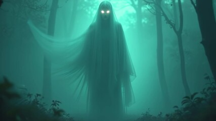 A spectral figure with wispy, transparent form and glowing eyes