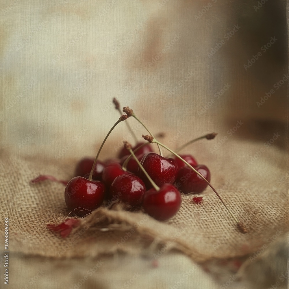 Poster a still life of ripe red cherries with stems on a burlap surface, creating a vintage and rustic aest