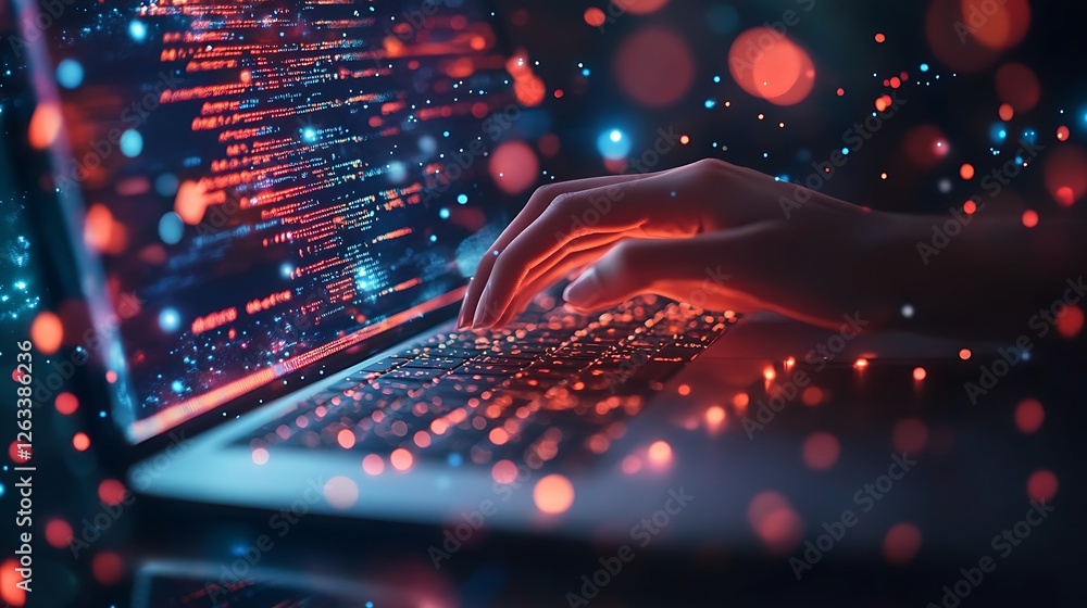 Poster close-up of hands coding on laptop at night, screen displays code.