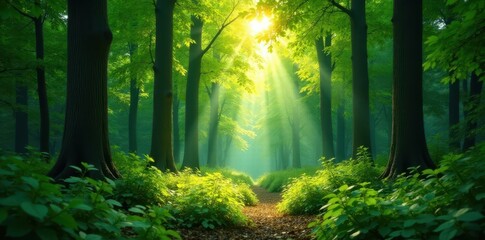 Obraz premium lush green forest foliage with tall trees and bright sunlight filtered through leaves, greenery, nature, green background