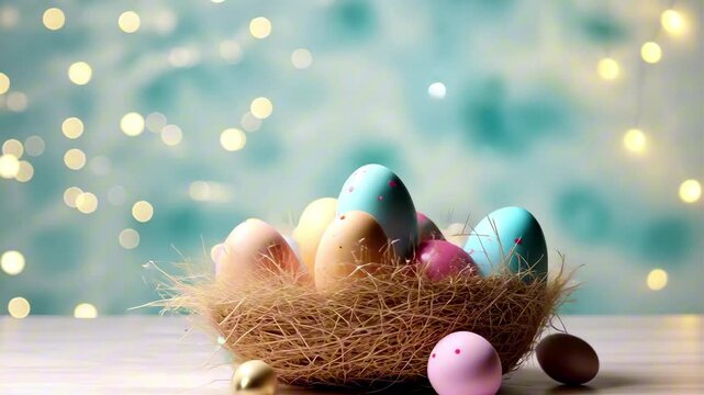 Colorful decorated eggs in a basket on a blurred background with soft lights for a festive spring celebration