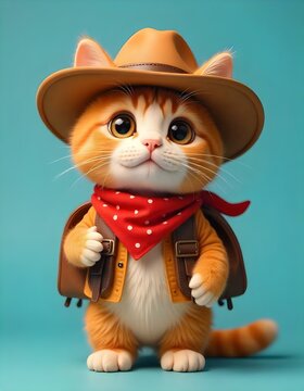 A charming 3D cartoon model of a cat adventurer wearing a tiny explorer's hat and a mini satchel. Its big, curious eyes and mischievous grin give it a lively personality. The fur is smooth and slightl
