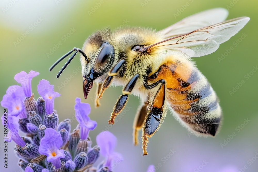 Poster intricate macro photograph capturing a honeybee elegantly poised to extract nectar from a lavender f