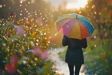 Person Walking in Light Spring Rain Holding Colorful Umbrella Rain Droplets Captured in Slow Motion with Moody Cinematic Lighting