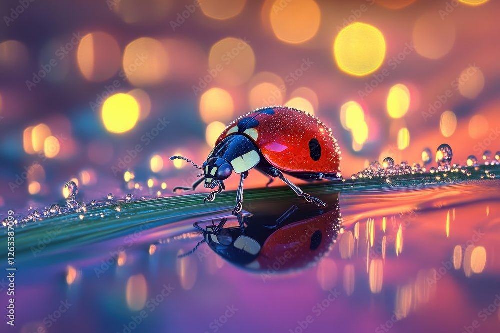 Poster a surreal image of a ladybug on a wet blade of grass reflecting in water, against a colorful bokeh b