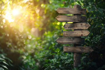 Rustic wooden directional signpost in a sunlit forest setting