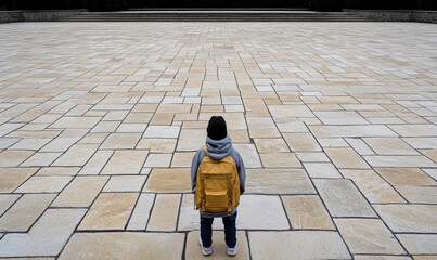 A solitary child stands on a vast stone plaza with geometric patterns, feeling the emptiness and space around in a contemplative moment of discovery
