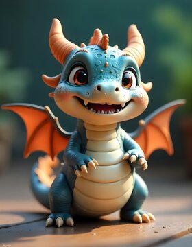 A cartoon-style 3D model of a chubby dragon with tiny wings, short legs, and a big round belly. Its playful face features a wide toothy grin and bright expressive eyes. The scales are smooth and sligh