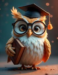 Obraz premium A cartoon-style 3D owl with large round glasses, a tiny graduation cap, and an old leather book under its wing. Its oversized eyes and slightly ruffled feathers give it a wise yet sleepy expression. T