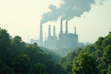 Industrial power plant emitting smoke amid lush green forest and pollution concerns