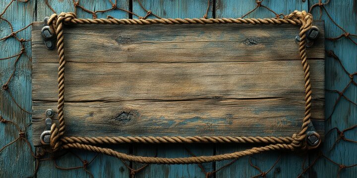 Weathered wooden sign with rope border on rustic blue background near a fishing net - Powered by Adobe