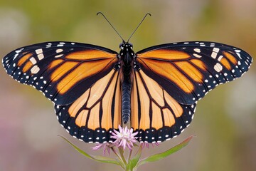 Fototapeta premium A stunning close-up of a monarch butterfly delicately perched on a flower, showcasing its intricate wing patterns and vibrant colors against a soft background.
