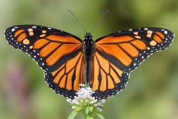 Fototapeta premium Macro shot of a monarch butterfly on a milkweed flower, with its iconic orange and black wings in full focus