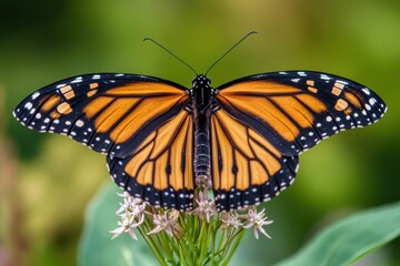 Obraz premium A vibrant monarch butterfly gracefully perched atop delicate flowers in a lush green garden, showcasing the beauty of nature and intricate details of its wings.
