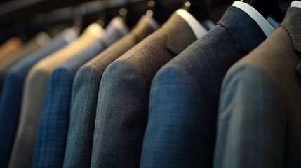 Obraz premium A row of suits hanging on a rack