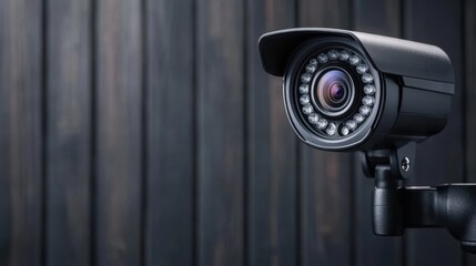 Modern Security Camera Close-Up on Wooden Background for Safety and Surveillance Purposes
