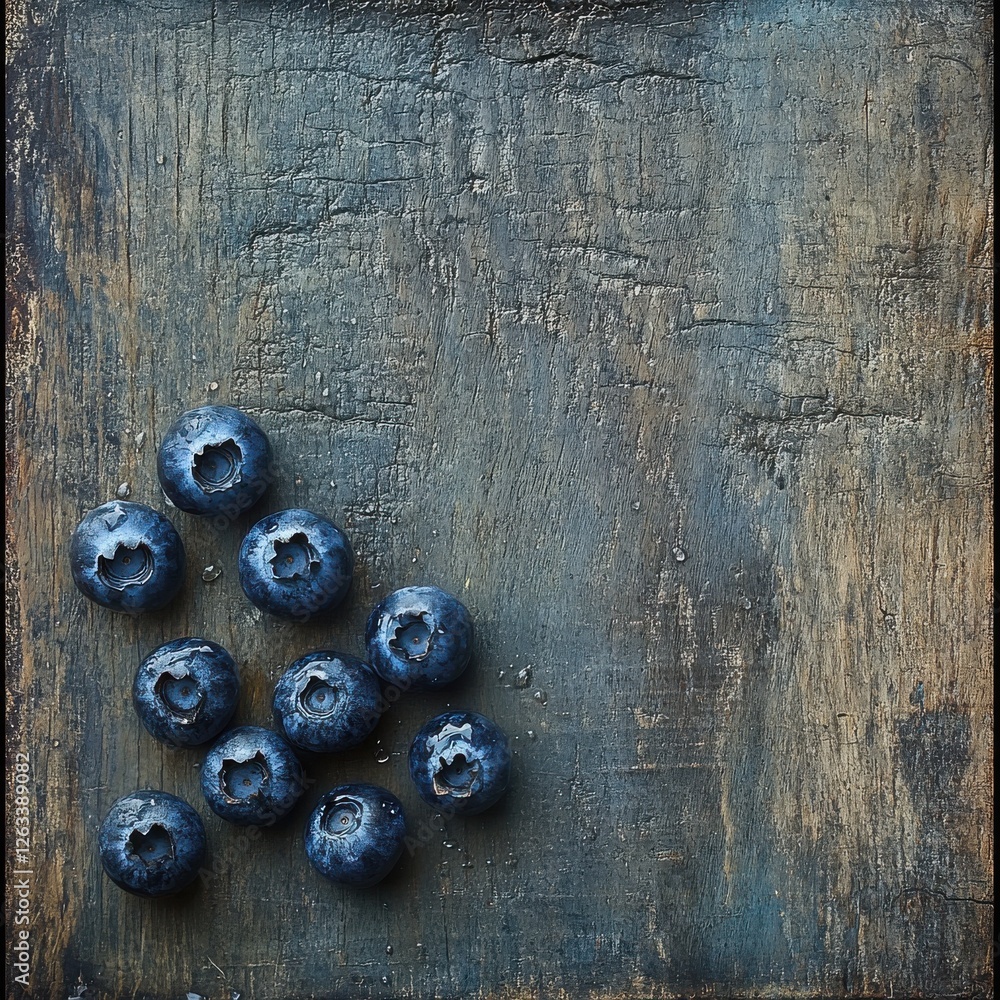 Poster a top-down view of a collection of fresh blueberries arranged on a rustic wooden table with copy spa