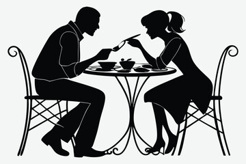A couple sharing a meal silhouette design art with illustration