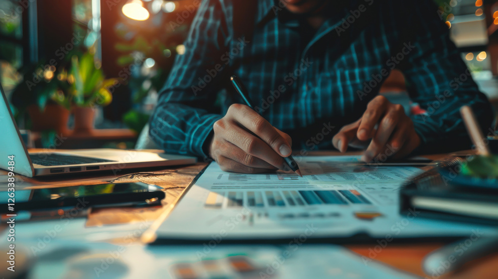 Poster person analyzing charts and graphs while working at a desk in a well-lit office space during the aft