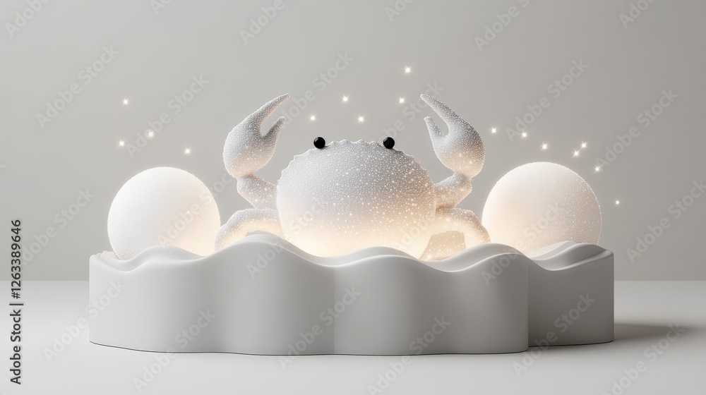 Poster cosmic crab symbol illuminated with celestial glow against oceanic waves in a softly lit setting