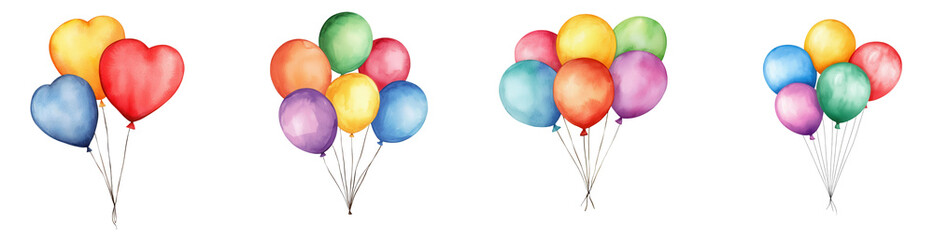 Colorful balloons in various shapes and sizes for celebrations, isolated on transparent background.