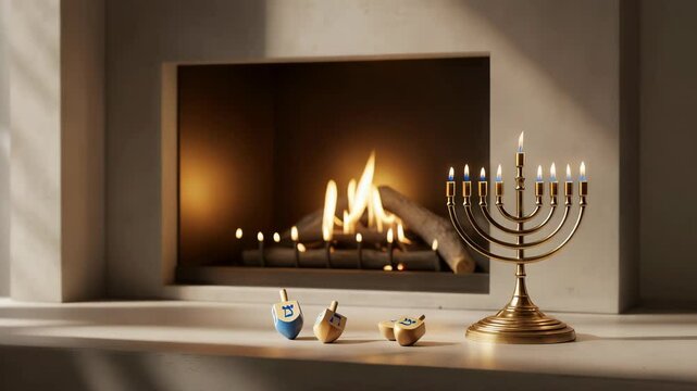Hanukkah menorah with lit candles and dreidels by cozy fireplace

