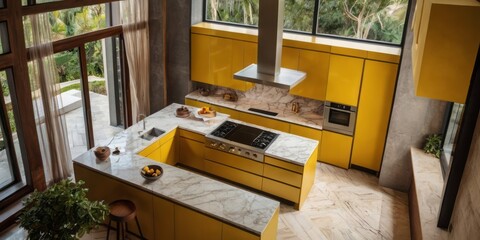 Fototapeta premium Modern Yellow Kitchen Island with Marble Countertops and Outdoor Views